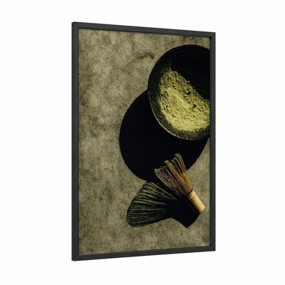 Matcha Whisked framed tea print — black wood frame — cream and black and gold palette