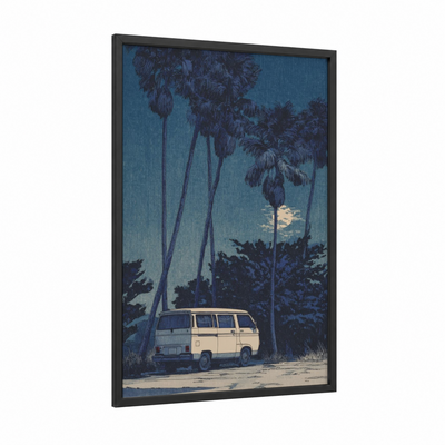 Moonlit Van framed art print — black wood frame — dark blue and cream palette