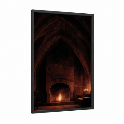 Gothic Fireplace framed art print — black wood frame — black and red and gold palette