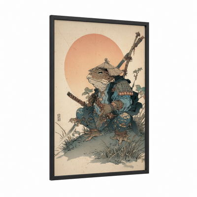 Samurai Frog Warrior framed frogs and toads print — black wood frame — peach and teal palette