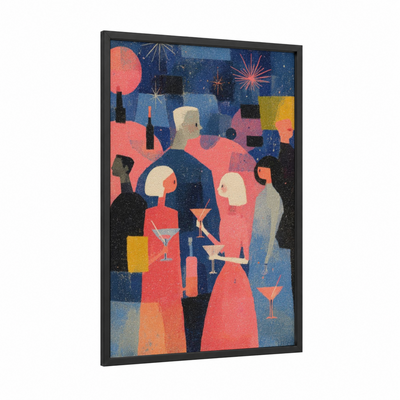 Midnight Celebration framed new years eve print — black wood frame — gold and blue palette