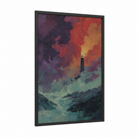 Crimson Lighthouse framed sci-fi print — black wood frame — magenta and gold palette