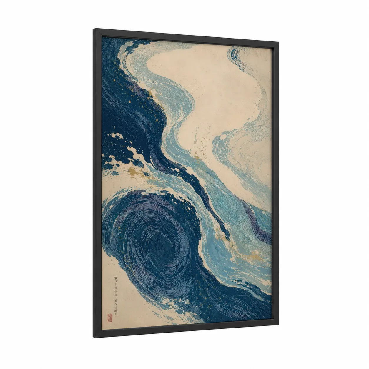 Japanese Ocean Wave Wall Art framed seascapes and ocean print — black wood frame — blue and beige palette