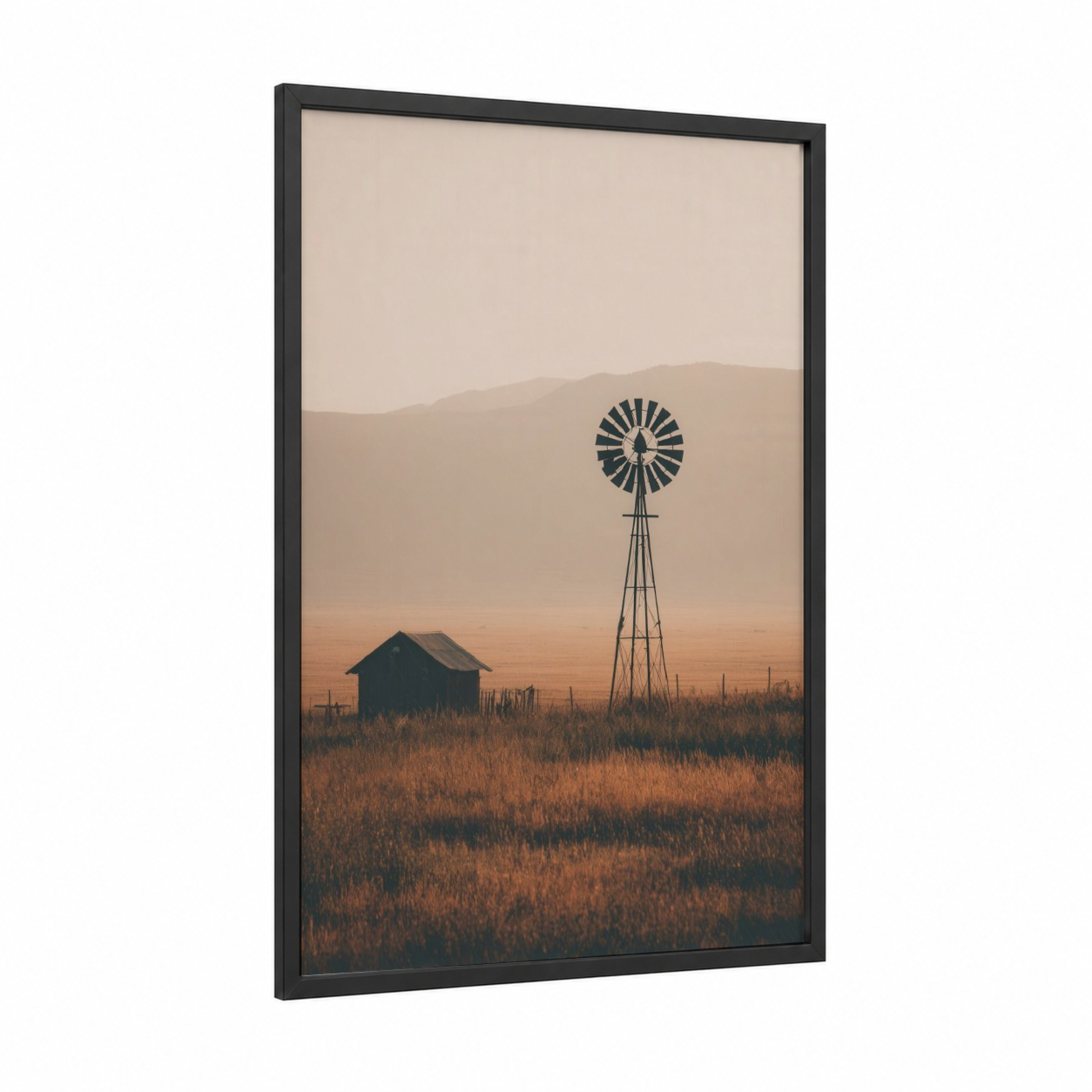 Prairie Windmill framed windmills print — black wood frame — gold and russet palette