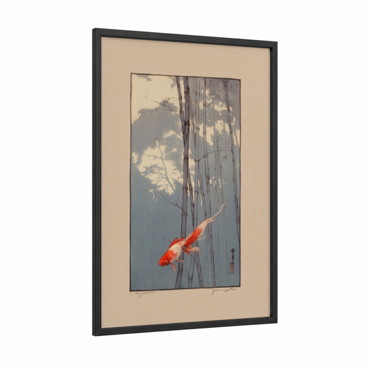 Crimson Goldfish framed art print — black wood frame — red and gray palette