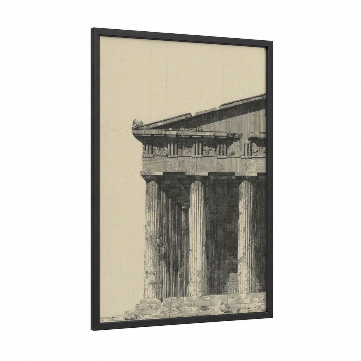 Ancient Parthenon framed art print — black wood frame — black and white and cream palette