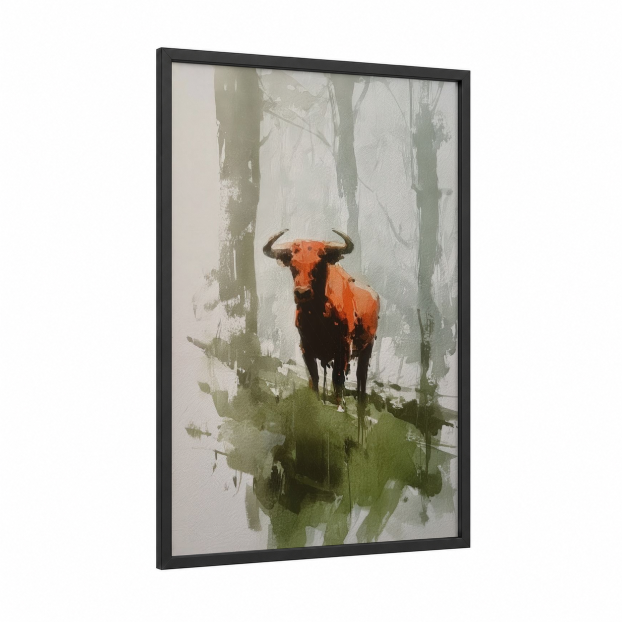 Russet Bull Forest framed art print — black wood frame — russet and sage green palette