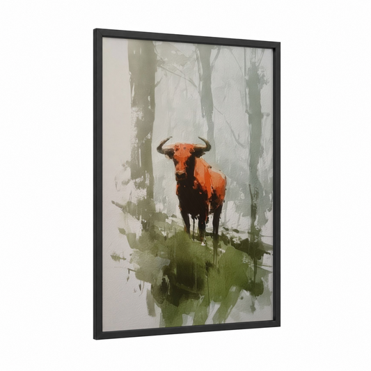 Russet Bull Forest framed art print — black wood frame — russet and sage green palette