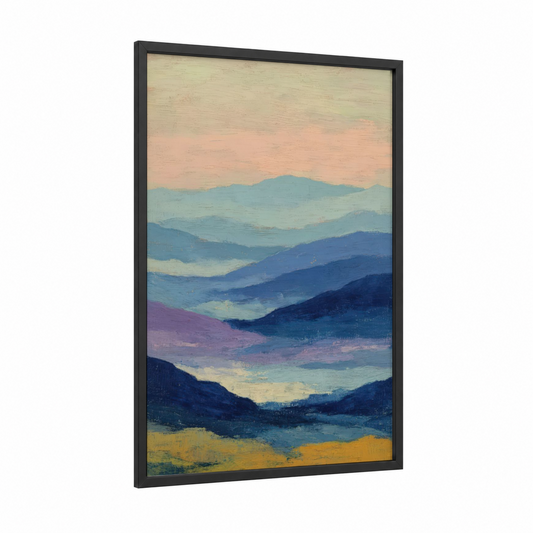 Misty Blue Ridge framed blue ridge mountains print — black wood frame — blue and cream palette