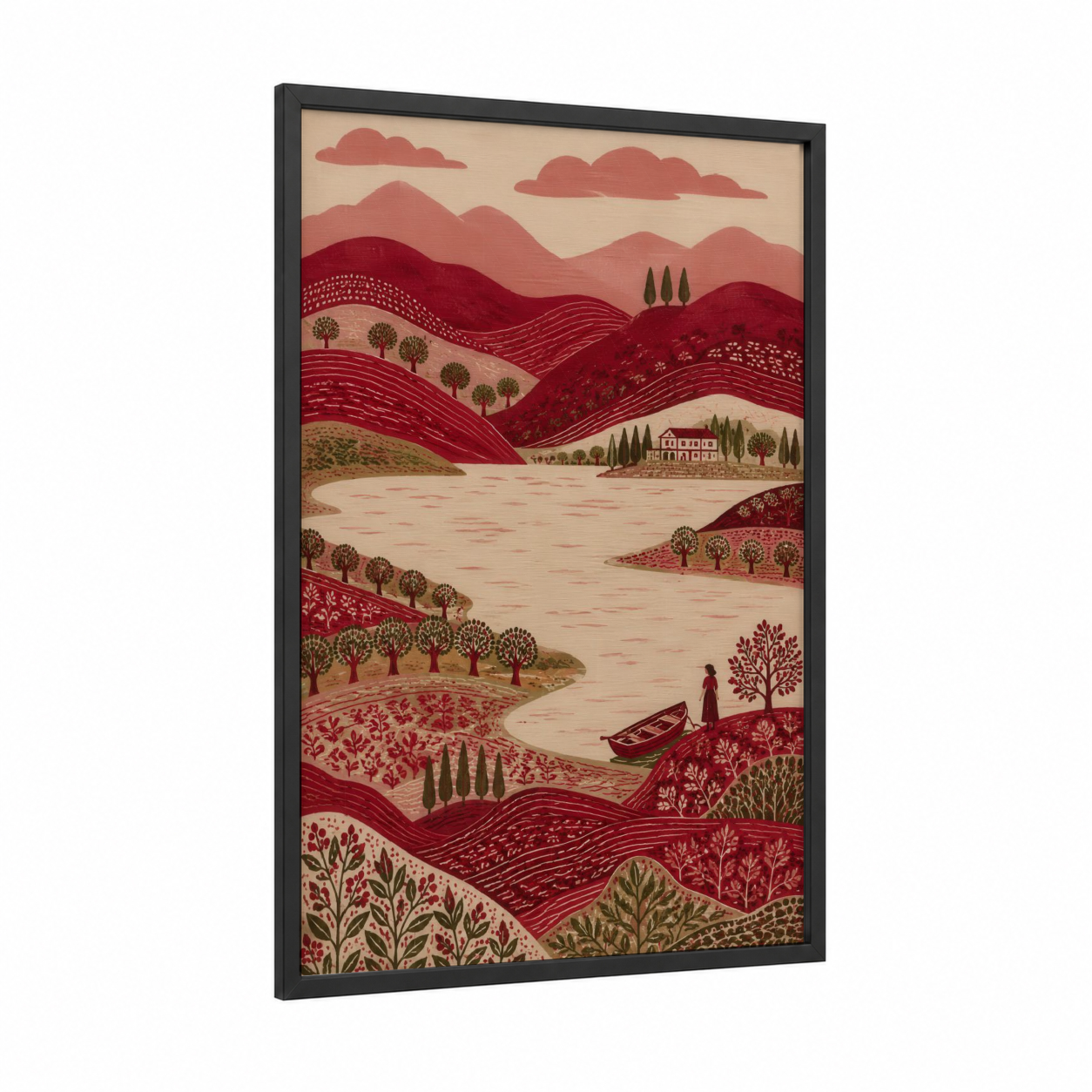 Burgundy Landscape River Village Wall Art framed rivers and lakes print — black wood frame — maroon and beige palette