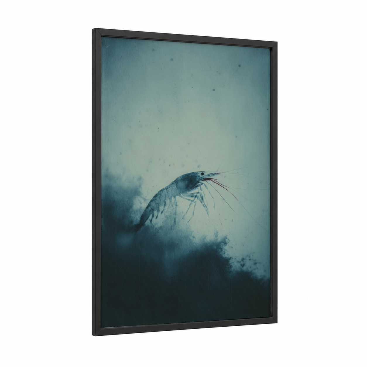 Ethereal Shrimp framed art print — black wood frame — teal and blue palette