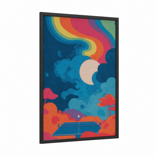 Moonlit Table Tennis framed art print — black wood frame — blue and orange palette