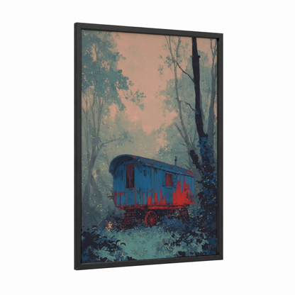 Enchanted Forest Wagon framed art print — black wood frame — blue and peach palette