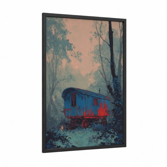 Enchanted Forest Wagon framed art print — black wood frame — blue and peach palette