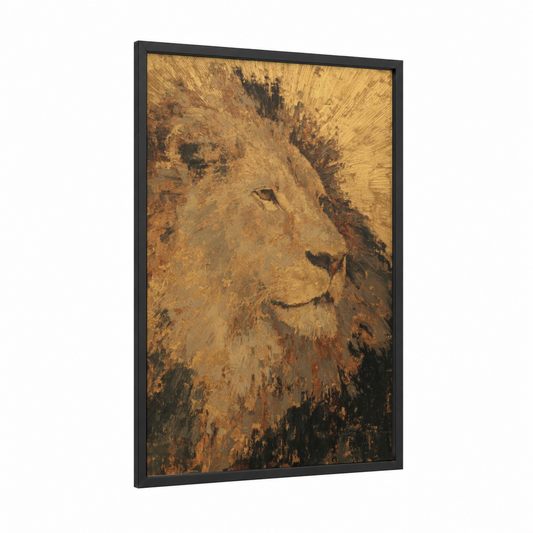 Majestic Leo framed art print — black wood frame — gold and russet palette