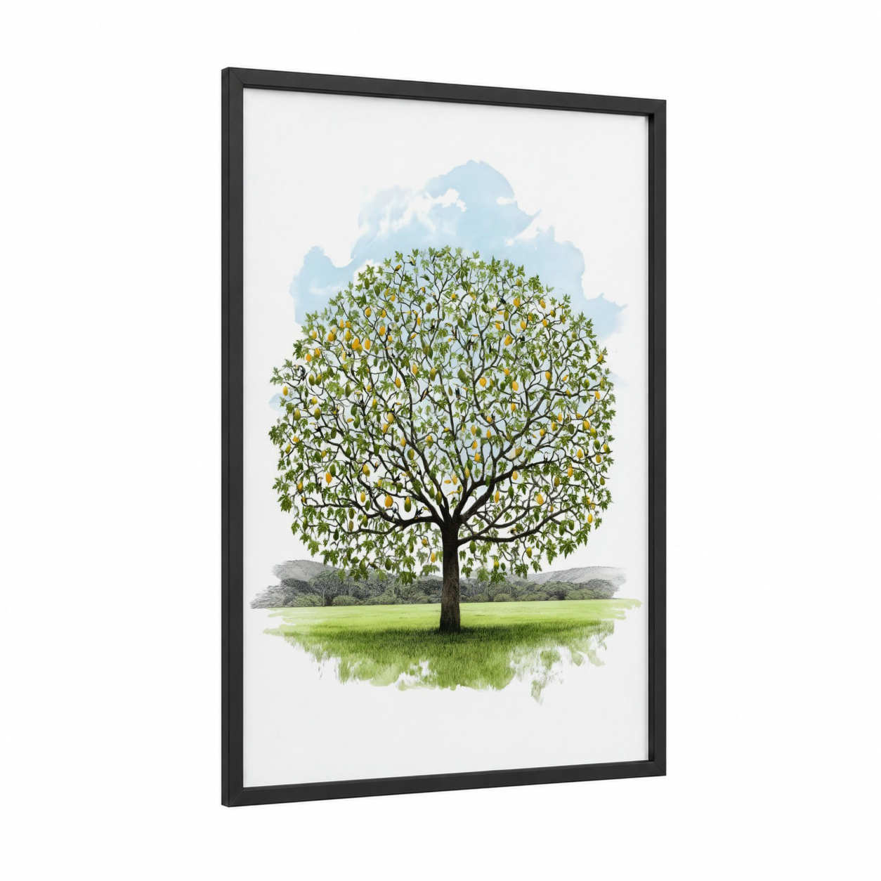 Golden Fruit Tree framed toucan print — black wood frame — green and yellow gold palette