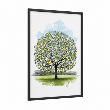 Golden Fruit Tree framed toucan print — black wood frame — green and yellow gold palette