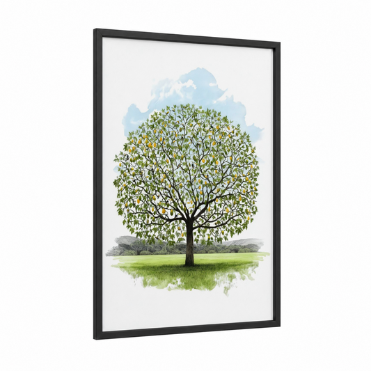 Golden Fruit Tree framed toucan print — black wood frame — green and yellow gold palette