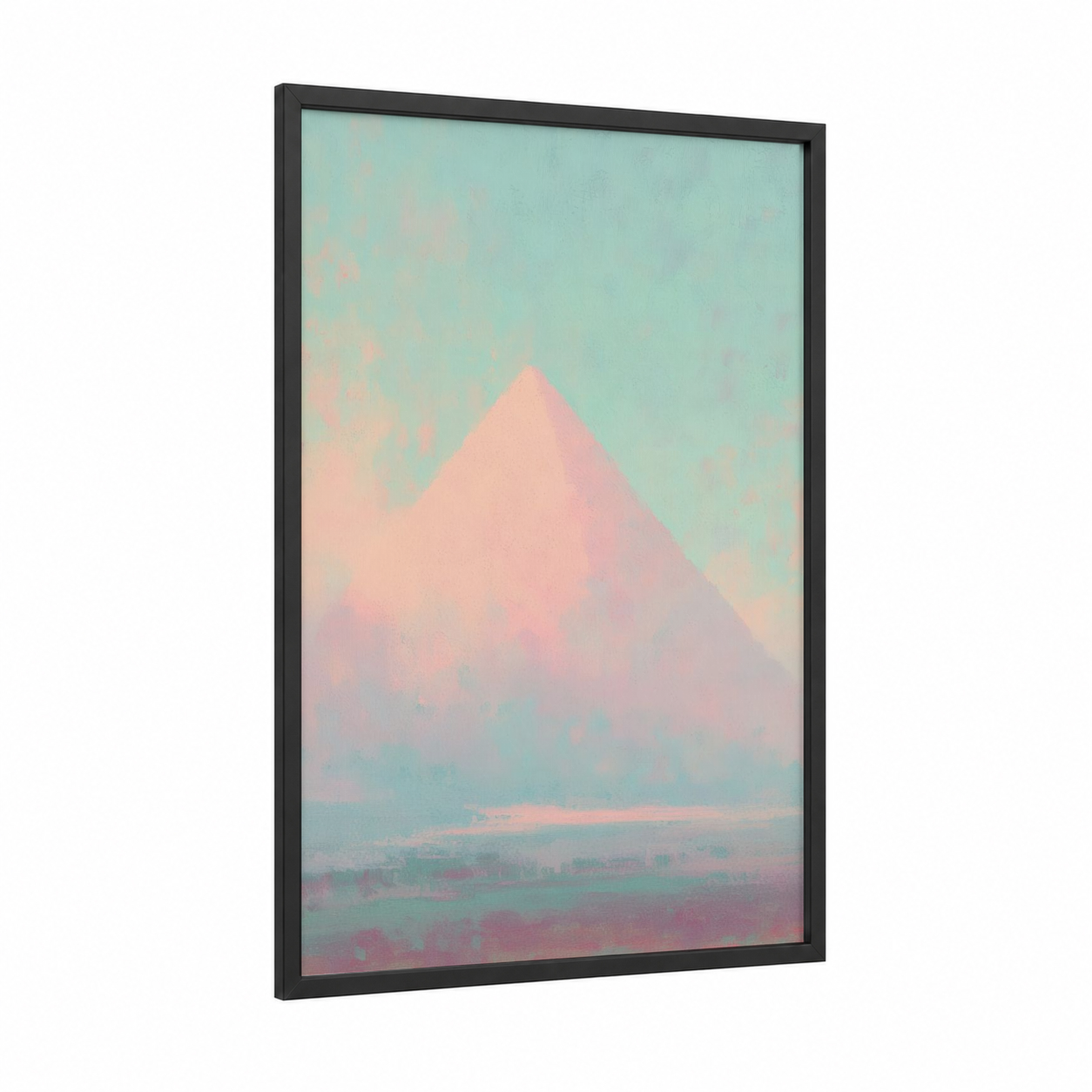 Misty Pyramid framed great pyramid of giza print — black wood frame — peach and aquamarine palette
