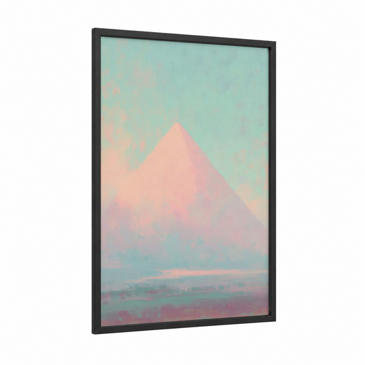 Misty Pyramid framed great pyramid of giza print — black wood frame — peach and aquamarine palette