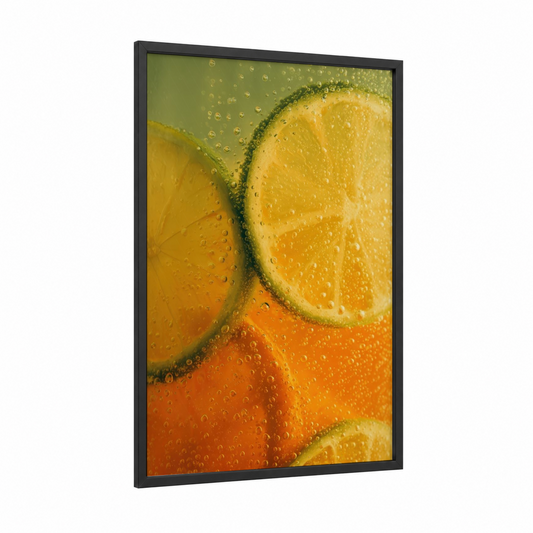Citrus Beer Splash framed art print — black wood frame — yellow gold and orange palette