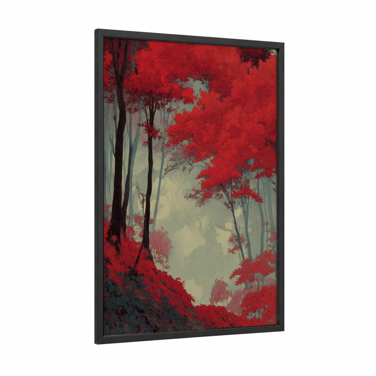 Crimson Maple Forest framed art print — black wood frame — red and dove gray palette