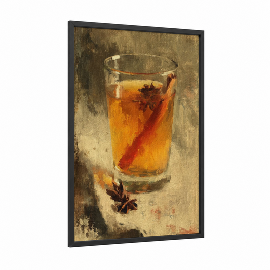 Spiced Tea Study framed art print — black wood frame — gold and brown palette