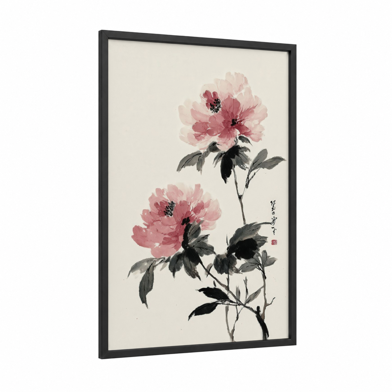 Pink Peony Pair framed art print — black wood frame — pink and cream palette