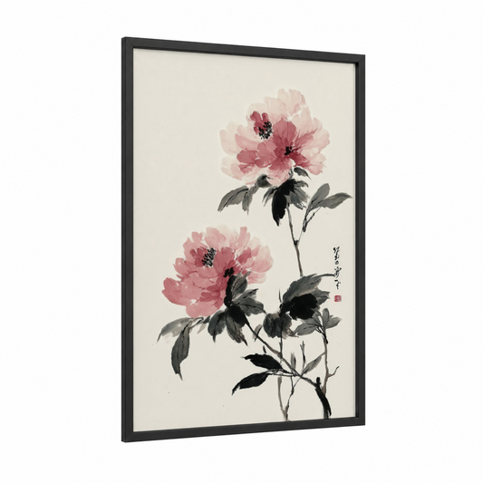 Pink Peony Pair framed art print — black wood frame — pink and cream palette