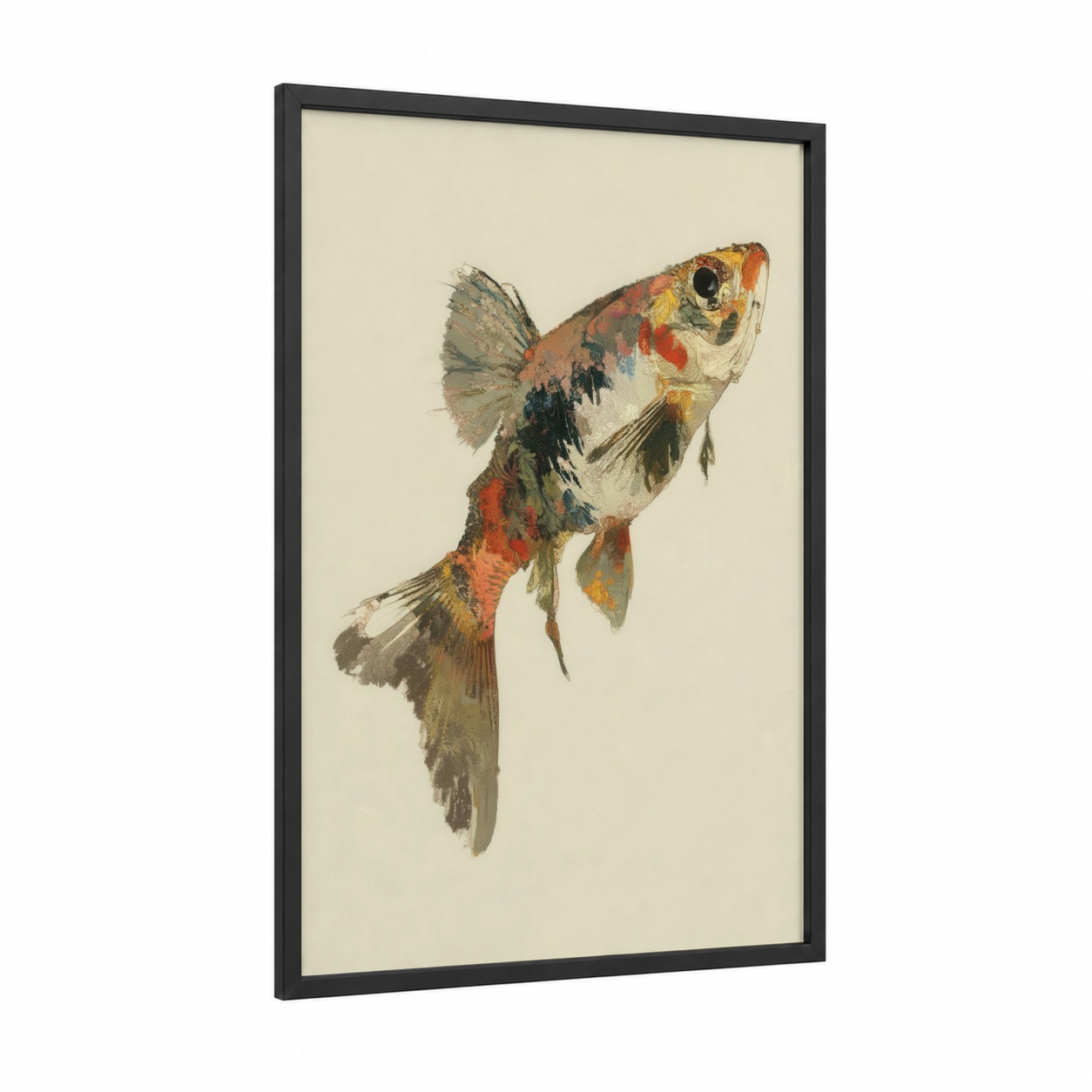 Ornamental Zebrafish framed art print — black wood frame — russet and cream palette