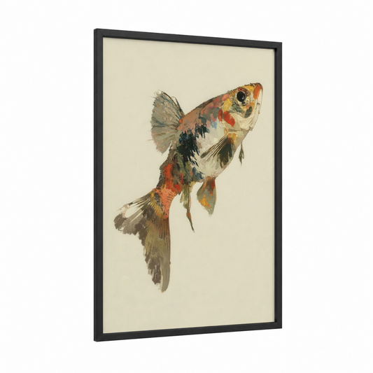 Ornamental Zebrafish framed art print — black wood frame — russet and cream palette