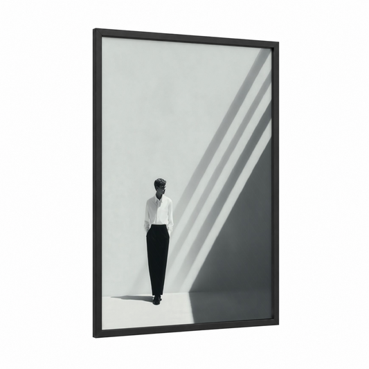 Minimalist Menswear framed men's fashion print — black wood frame — black and white palette