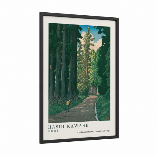 Towering Redwoods Path framed redwood tree print — black wood frame — dark green and cream palette