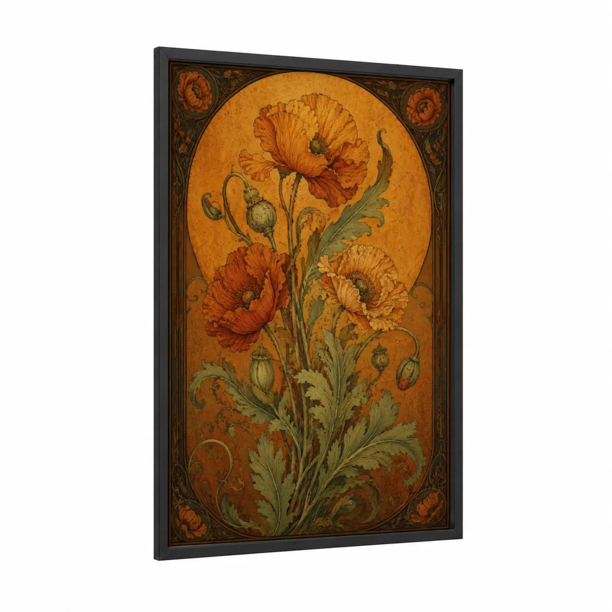 Art Deco Poppies Wall Art framed art print — black wood frame — orange and gold palette