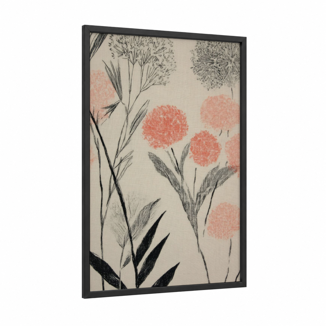 Botanical Fashion Sketch framed fashion illustration print — black wood frame — peach and gray palette