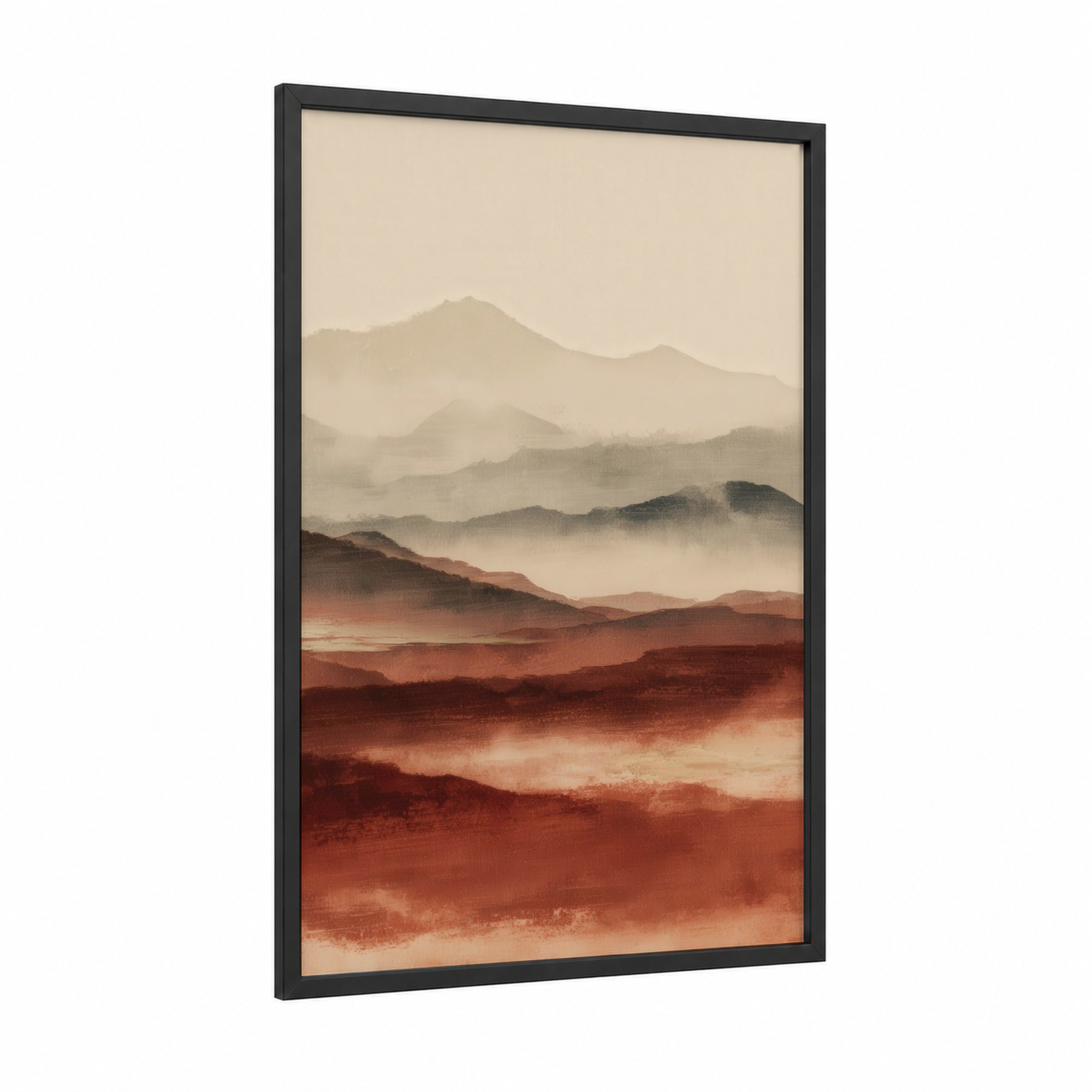Misty Dunes Sunrise framed art print — black wood frame — russet and cream palette