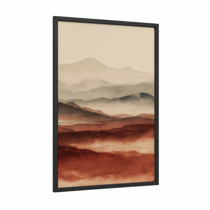Misty Dunes Sunrise framed art print — black wood frame — russet and cream palette