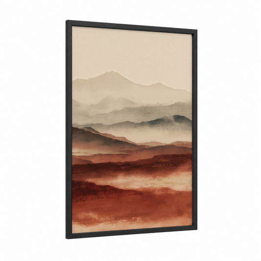 Misty Dunes Sunrise framed art print — black wood frame — russet and cream palette