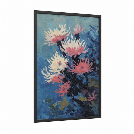 Coral Dream Anemones framed sea anemone print — black wood frame — blue and pink palette