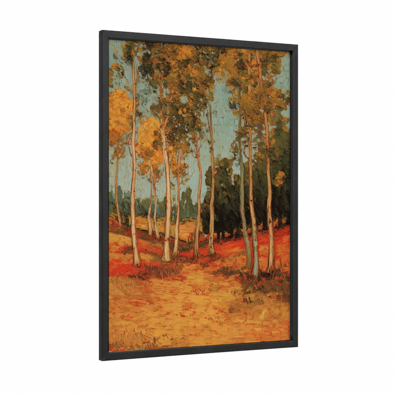 Golden Eucalyptus Grove framed eucalyptus forest print — black wood frame — gold palette