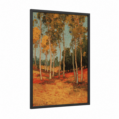 Golden Eucalyptus Grove framed eucalyptus forest print — black wood frame — gold palette
