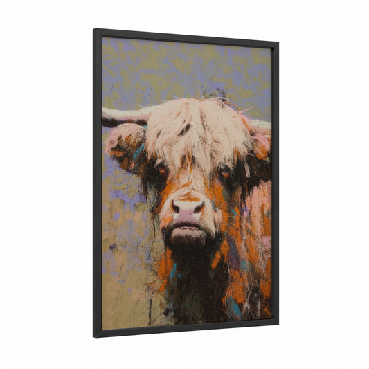 Shaggy Highland Portrait framed highland cow print — black wood frame — orange and blue palette