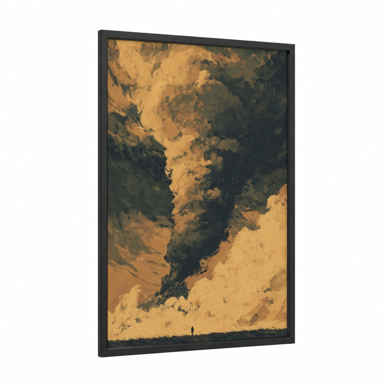 Towering Tornado framed art print — black wood frame — gold and dark green palette