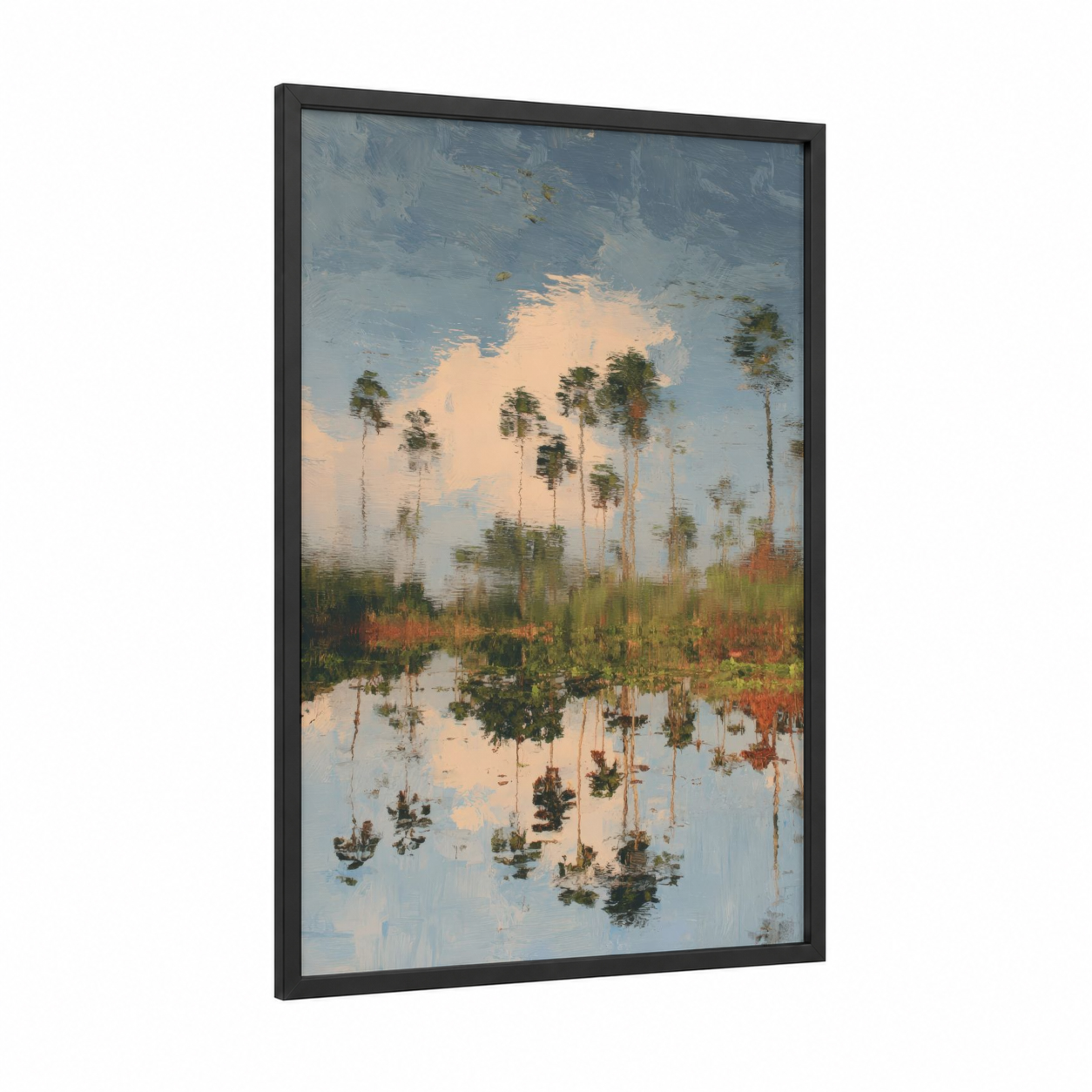 Misty Palms Reflection framed palm forest print — black wood frame — blue and cream palette