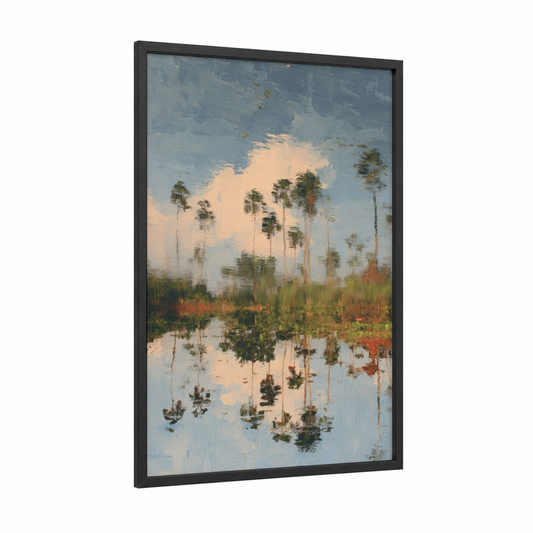 Misty Palms Reflection framed palm forest print — black wood frame — blue and cream palette