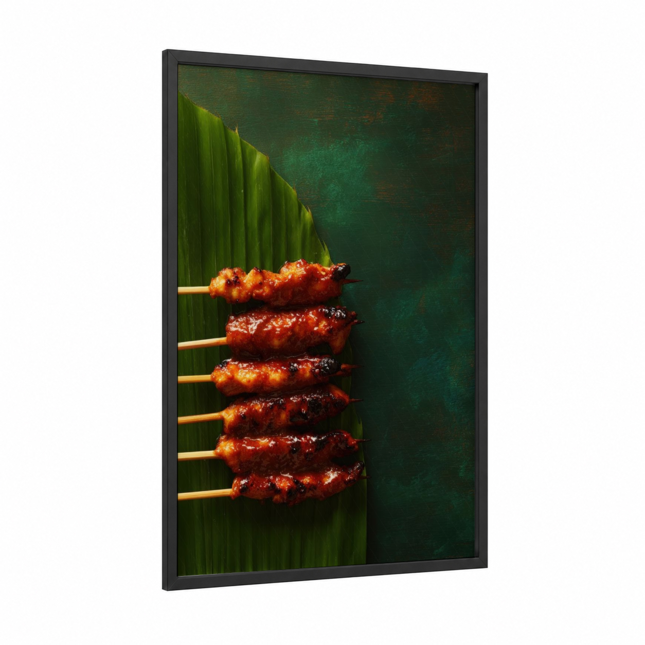 Grilled Skewers framed poultry print — black wood frame — true green and russet palette