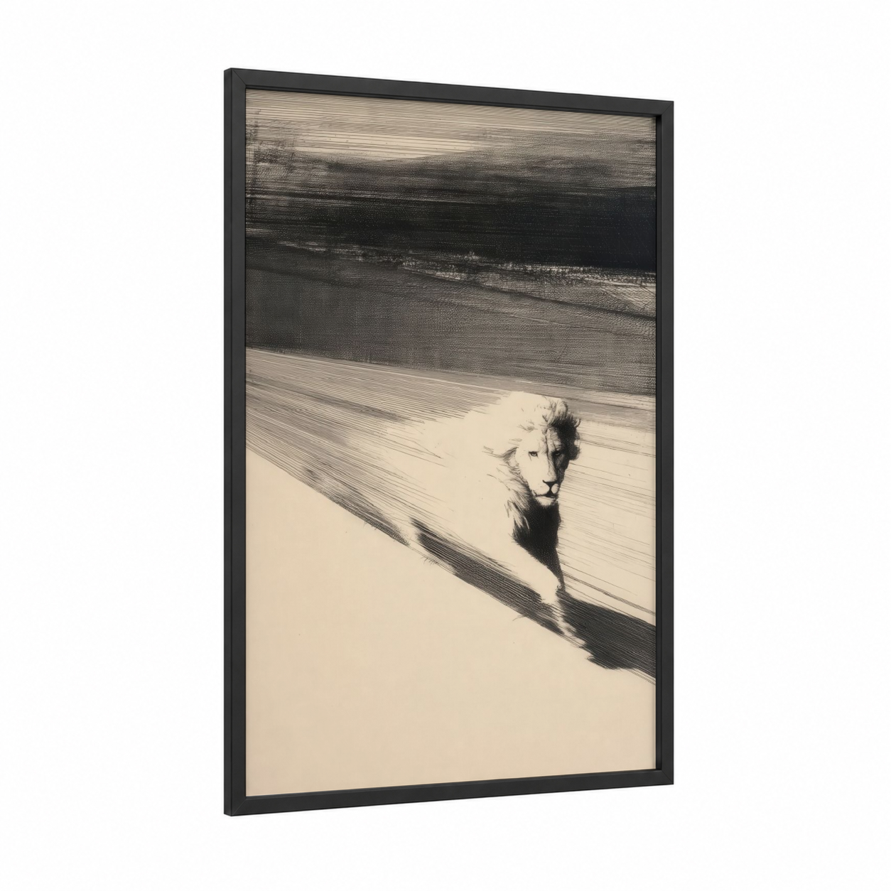 Desert Lion framed art print — black wood frame — black and white and cream palette