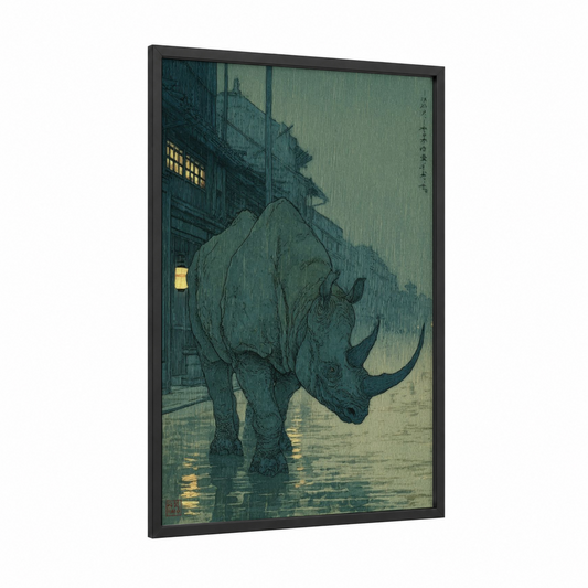 Rainy Chimera framed art print — black wood frame — dark blue and gold palette