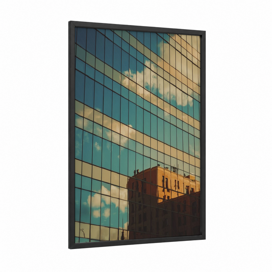 Mirrored Skyline framed abstract architecture print — black wood frame — gold and teal palette