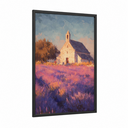 Lavender Chapel framed churches and chapels print — black wood frame — purple and gold palette